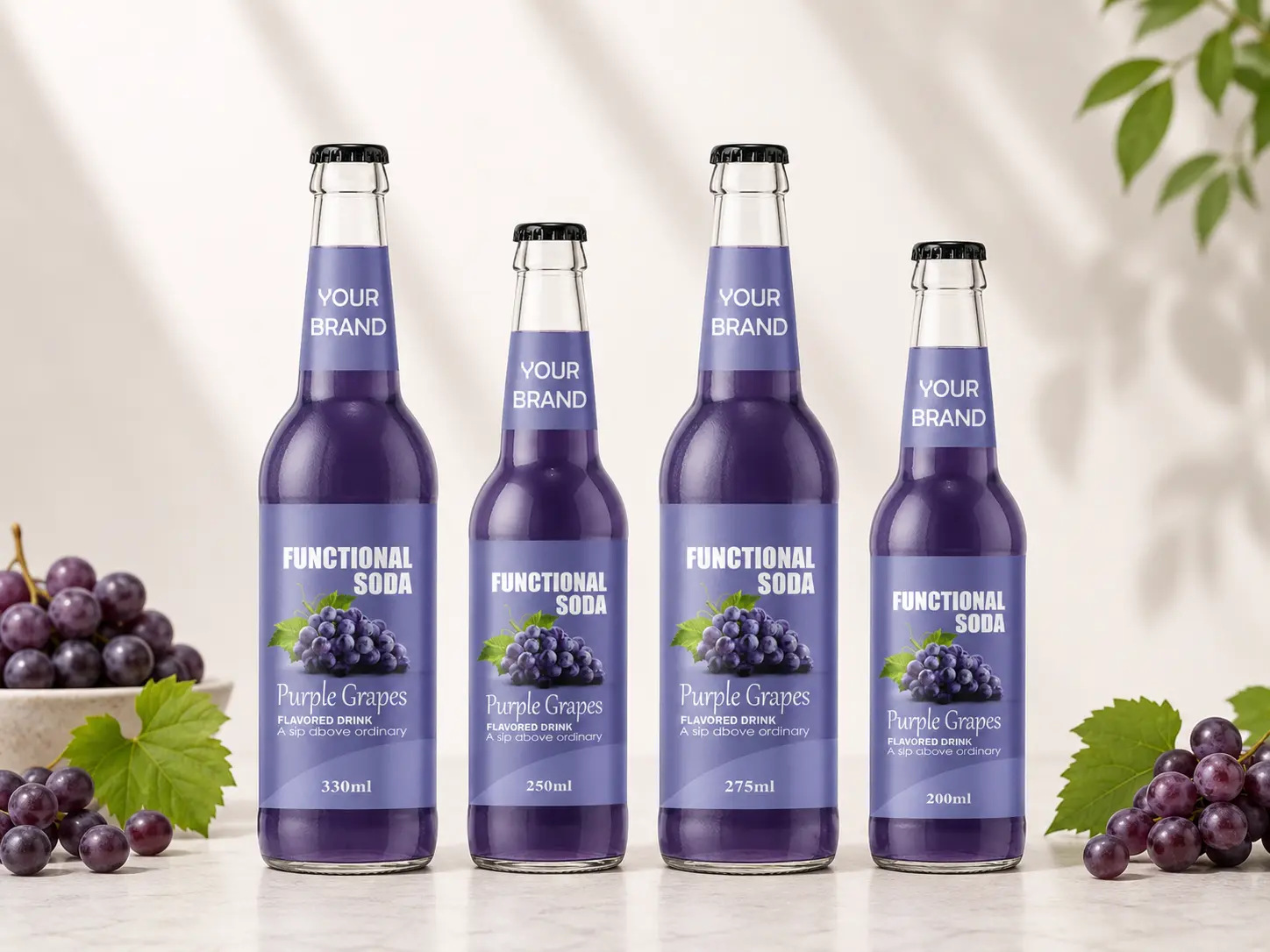 FUNCTIONAL SODA Purple Grapes Flavored Drink in 200ml, 250ml, 275ml and 330ml glass bottles.